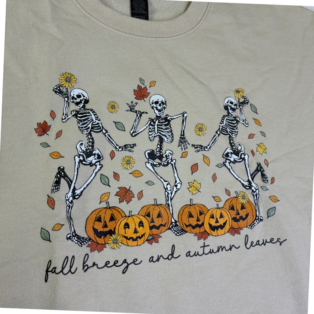 Gildan Softstyle Dancing Skeleton Pumpkin Fall Breeze Autumn Leaves Sweatshirt M